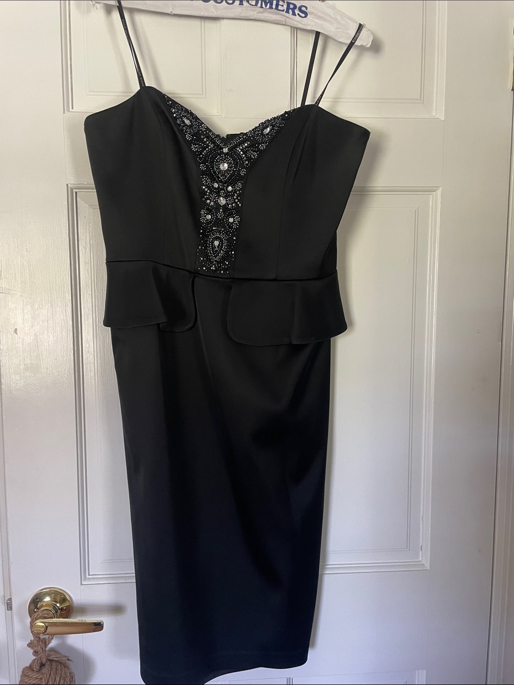 David Meister Black Beaded V-Neck Peplum Midi Dress